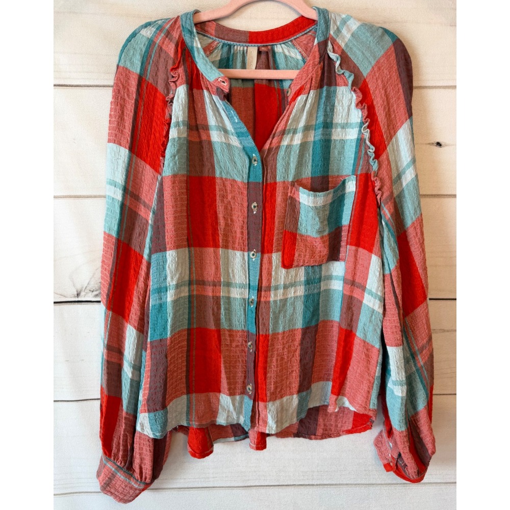 Pilcro and the Letterpress Red Teal Plaid Ruffle Button Down Blouse Medium